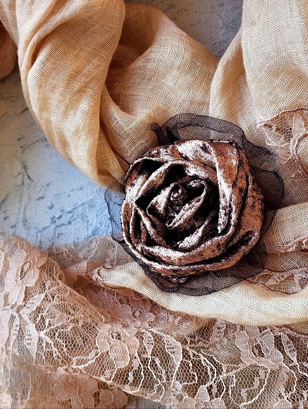 ShabbyChic Flower Pin Boho Rose Gold Silk Black Tully  Handcrafted Embellished